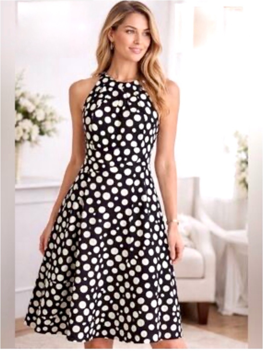Eliza J Navy and White Polka Dot Halter Fit-and-Flare Dress